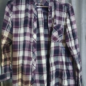 Stylish Plaid Button-Down Shirt‎ - Purple and White